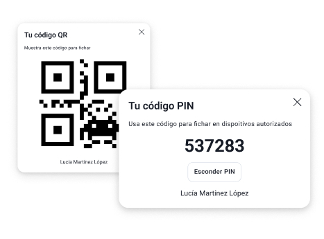 Imagen que muestra capturas del Fichaje por código QR o PIN del software de gestión de RRHH My Control HR