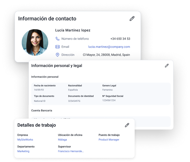 Ficha de empleado en el software de Registro horario digital MyControlHR con datos personales, legales y laborales centralizados.