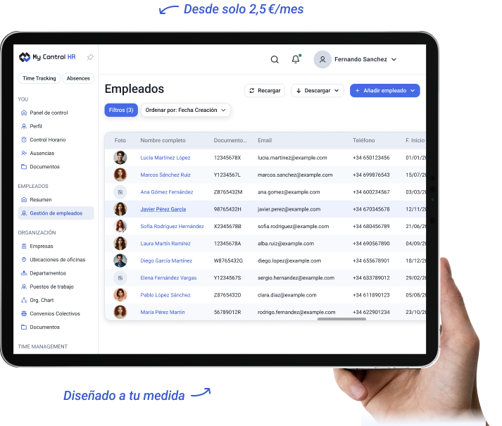 Imagen mostrando la gestión de empleados dentro del software de Registro horario digital